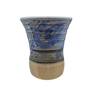 Vase Hand Thrown Blue and Natural 4.75 In Tall Signed